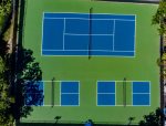 Tennis, pickleball courts and basketball hoop